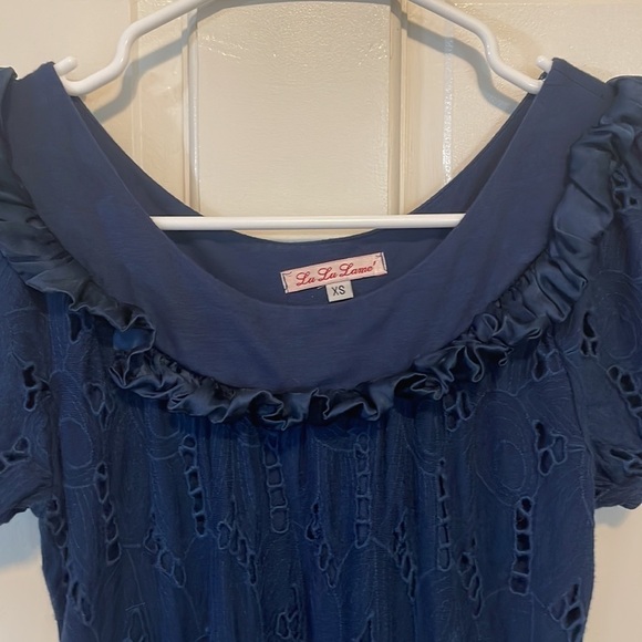 LU LU LAME Made in the USA Eyelet Lace with Silk trim and cap sleeves. blue SzXS - Picture 3 of 12